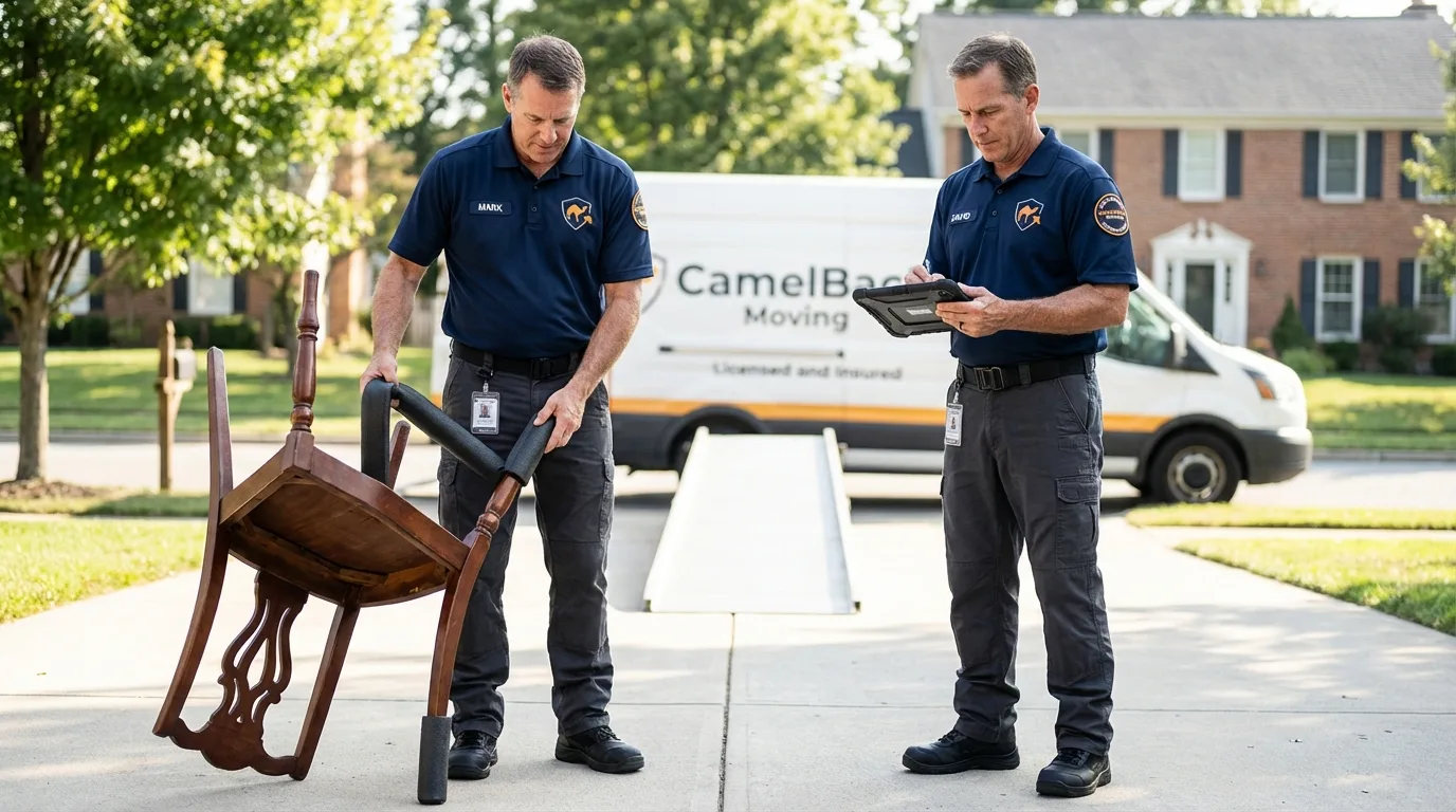 Movers inspecting furniture for damage prevention before loading in Bargersville, IN