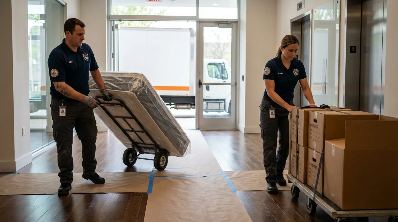 Professional apartment movers loading elevator in Bargersville, IN